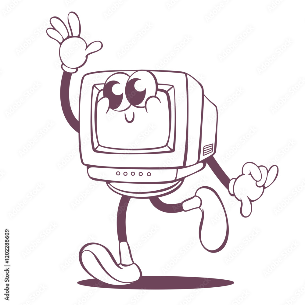 Obraz premium Retro groovy computer line art mascot, funky 70s character