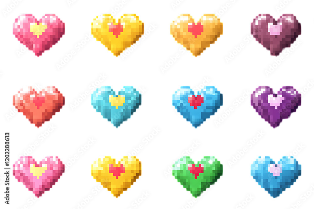 Pixel heart set icon in retro style, love symbols isolated on transparent background, vibrant and nostalgic Pixel heart set icon in retro style, love symbols isolated on transparent background, vibrant and nostalgic