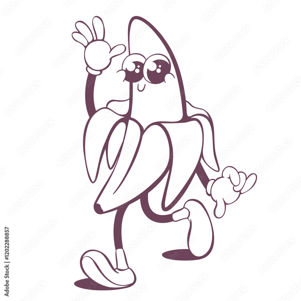 Obraz premium Retro groovy banana line art mascot, funky 70s character
