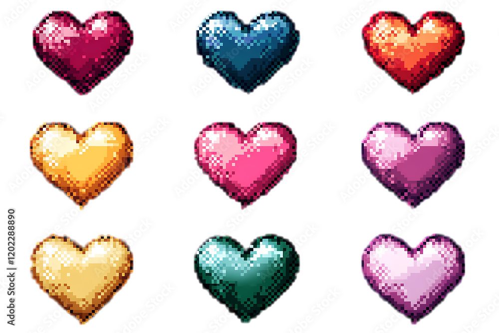 Pixel heart set icon in retro style, love symbols isolated on transparent background, vibrant and nostalgic Pixel heart set icon in retro style, love symbols isolated on transparent background, vibrant and nostalgic