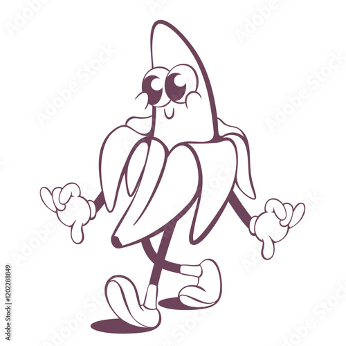 Retro groovy banana line art mascot, funky 70s character