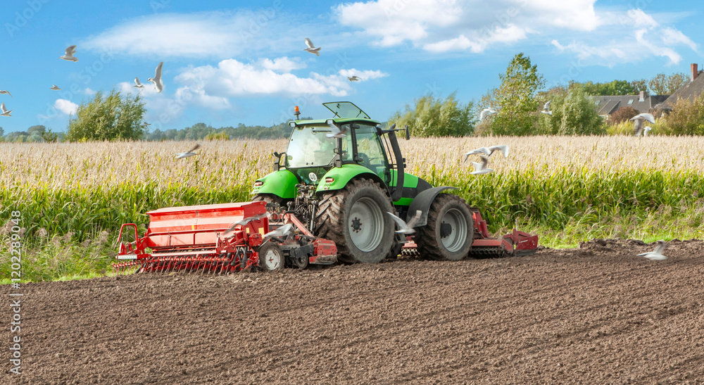 Fototapeta premium Tractor sowing winter grain in the field - 0313