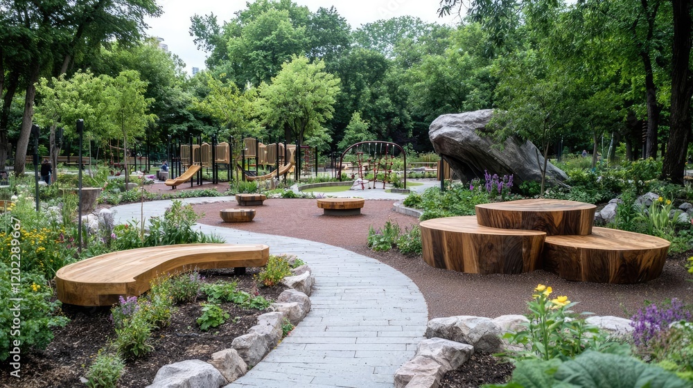Children playing in a nature-themed playground. Park landscaping, paved paths, wooden benches. Stock photo for travel brochures Children playing in a nature-themed playground. Park landscaping, paved paths, wooden benches. Stock photo for travel brochures