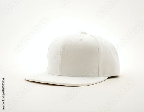 Classic white snapback cap on a light background, showcasing its modern design and clean aesthetic. photo