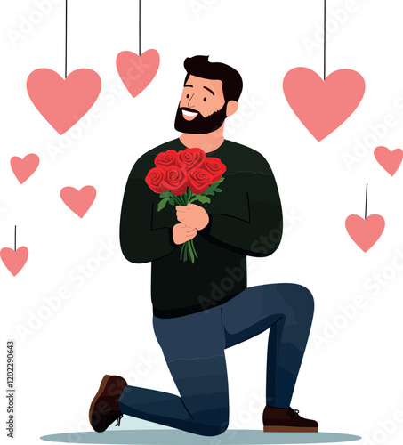 Man Proposing with Roses in Flat Vector Art Style