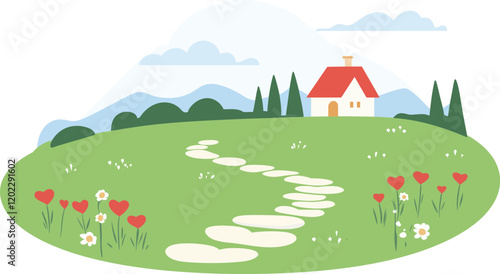 Cozy house on a green hill with flowers flat vector art