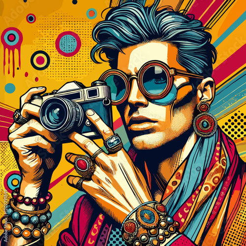 Vibrant vector illustration of a stylish male photographer taking a photo
