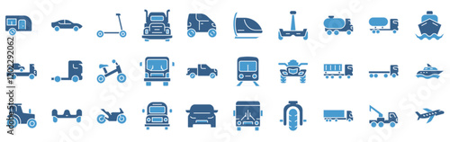 Transport web line icons. Containing car, bike, plane, train, bicycle, motorbike, bus and scooter. Editable stroke. Vector illustration