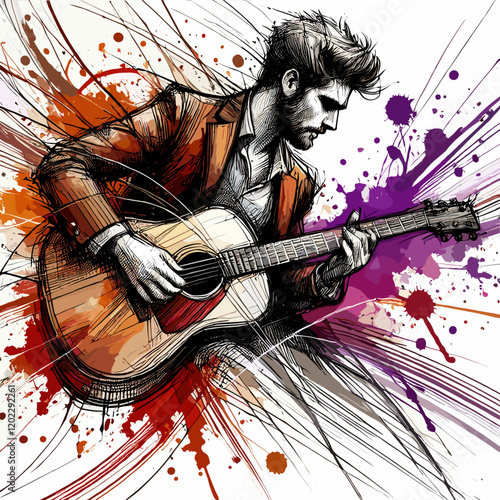 Stylish vector illustration of a male guitarist playing acoustic guitar with vibrant colors
