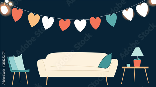 Cozy living room with heart garland in flat vector art
