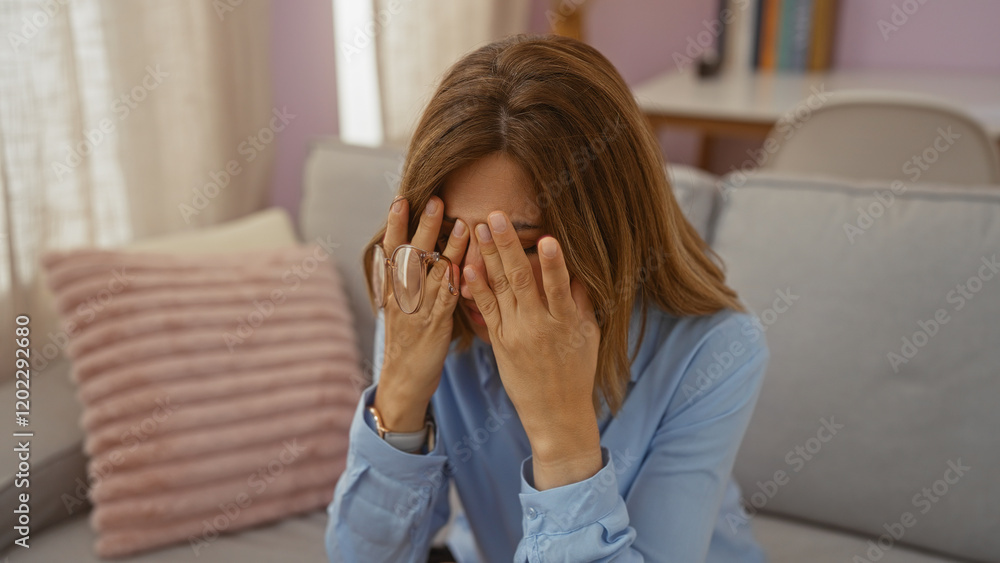 Woman sitting on a couch in a living room with her hands covering her face, expressing stress and fatigue, wearing casual clothing and glasses resting on her head in a cozy interior setting Woman sitting on a couch in a living room with her hands covering her face, expressing stress and fatigue, wearing casual clothing and glasses resting on her head in a cozy interior setting