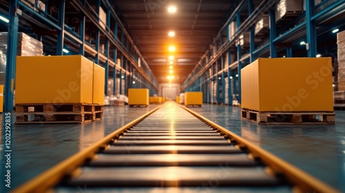 A sunny and spacious warehouse features large yellow boxes neatly arranged on a long conveyor belt, showcasing efficiency and modern industrial operations. photo