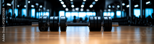 A close-up view of a dumbbell resting on a wooden gym floor, with a blurred background of gym equipment and ambient lighting. photo