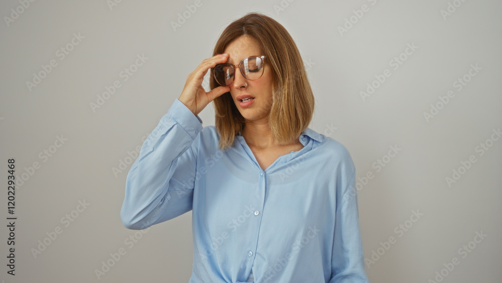 Woman suffering from headache with hand on forehead, wearing glasses and blue shirt, isolated on white background Woman suffering from headache with hand on forehead, wearing glasses and blue shirt, isolated on white background