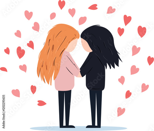 Loving Couple Embracing with Hearts Flat Vector Illustration