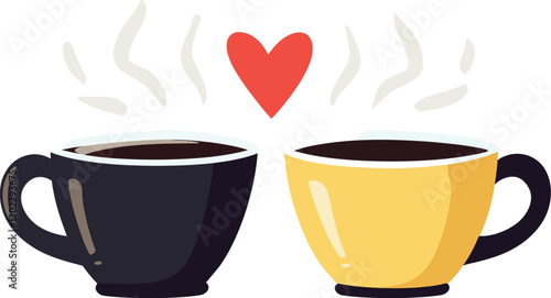Two Coffee Cups with Heart Steam in Minimal Flat Vector Art