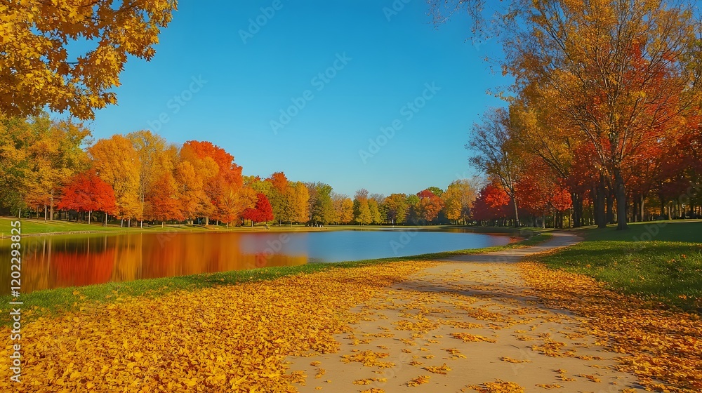 Obraz premium Autumnal Park Scene With Colorful Trees And Pond
