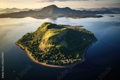 Sunrise Aerial Landscape of Taal Volcano in Tagaytay, Philippines; Perfect Travel Tourist Destination for Island Mountain Adventure photo