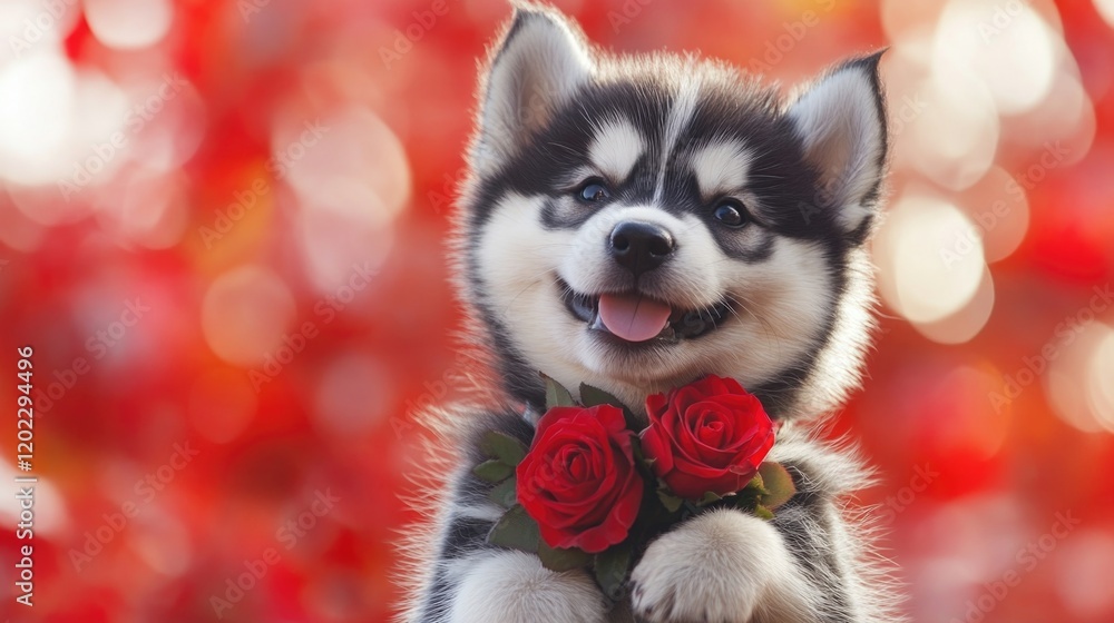Adorable puppy with red roses and vibrant background. The 14th of February. Happy Valentine's Day Adorable puppy with red roses and vibrant background. The 14th of February. Happy Valentine's Day