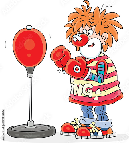 Funny red circus clown boxing with a punch bag in a fun performance, vector cartoon illustration on a white background