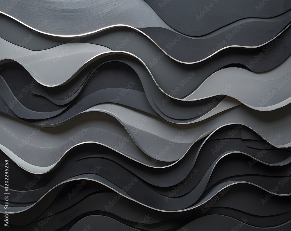 Layered waves of charcoal gray and silver highlights create a flowing, moody composition.
Layered waves of charcoal gray and silver highlights create a flowing, moody composition.