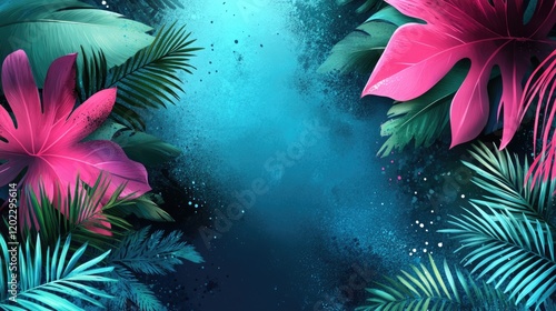Fototapeta Naklejka Na Ścianę i Meble -  Vivid tropical leaves with pink and green foliage on blue gradient background