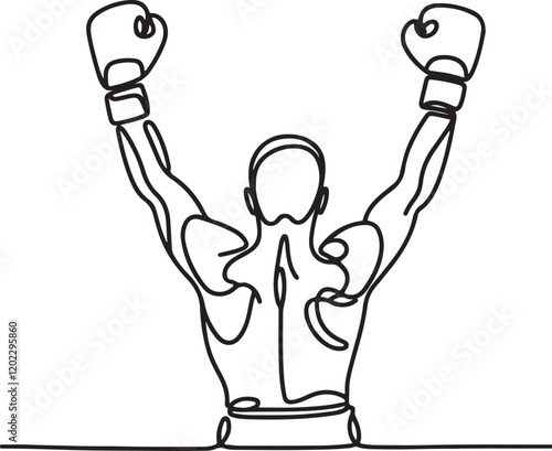 Vector Line Drawing of Boxer Raising Arms in Victory photo