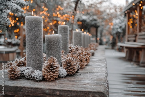 Snowy winter garden candlescape, pine cones table decor. Festive outdoor scene, holiday card use photo