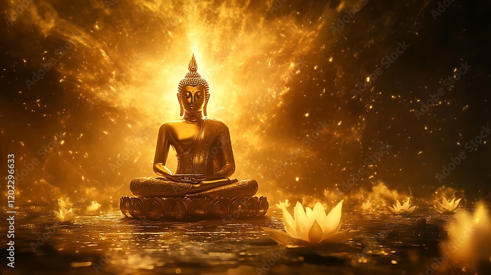 Thai golden buddha statue and radiant lotus surrounded by heavenly light