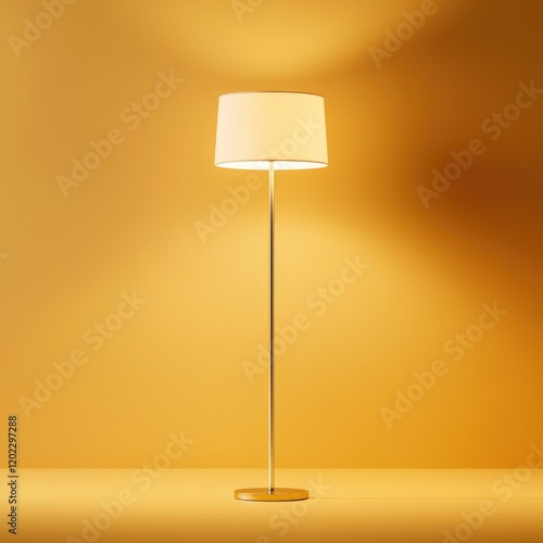 Elegant Modern Floor Lamp with Soft Glow on Yellow Background