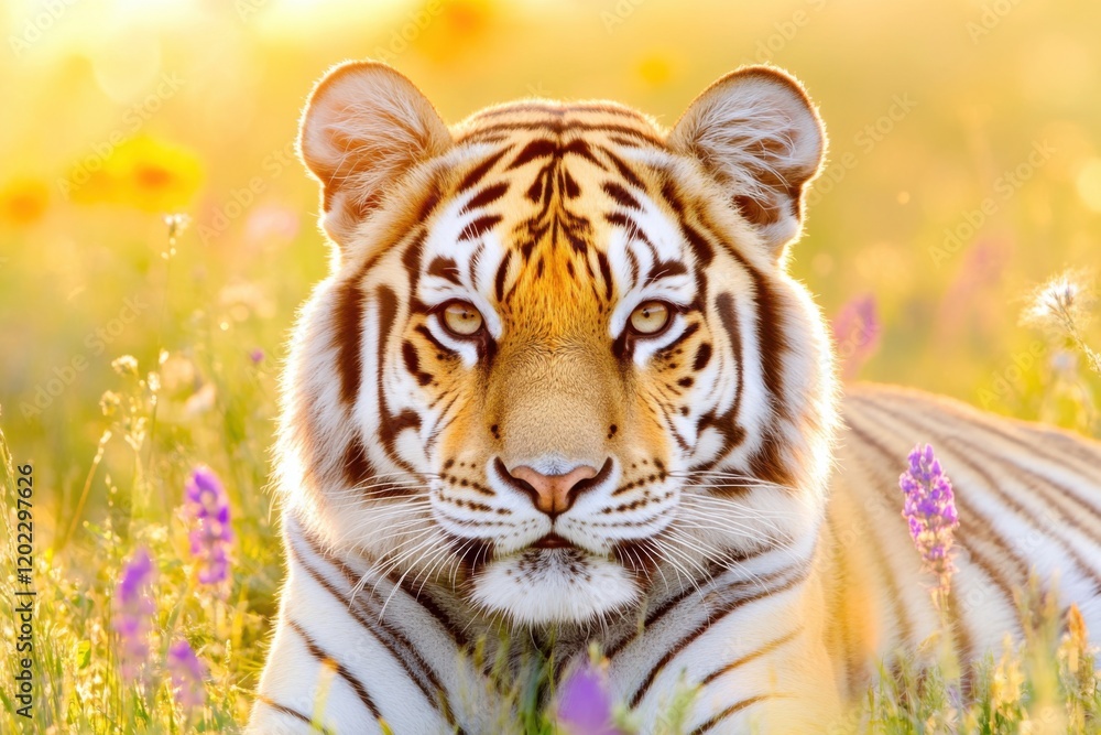 Fototapeta premium Bengal tiger resting in vibrant grass with warm lavender and coral highlights illuminated by evening sunlight