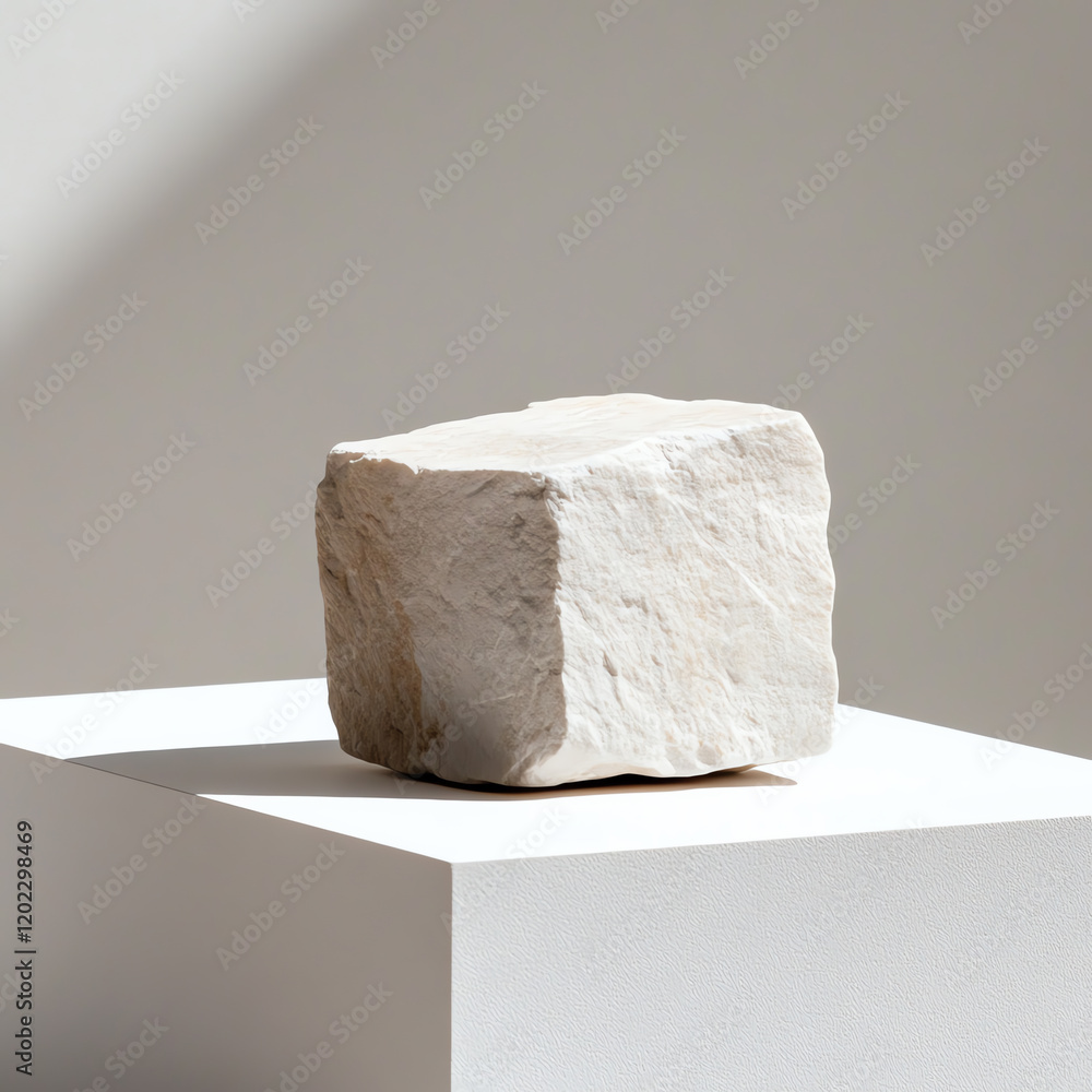 A minimalist design featuring a simple stone on a pedestal against a neutral background, emphasizing texture and form. A minimalist design featuring a simple stone on a pedestal against a neutral background, emphasizing texture and form.