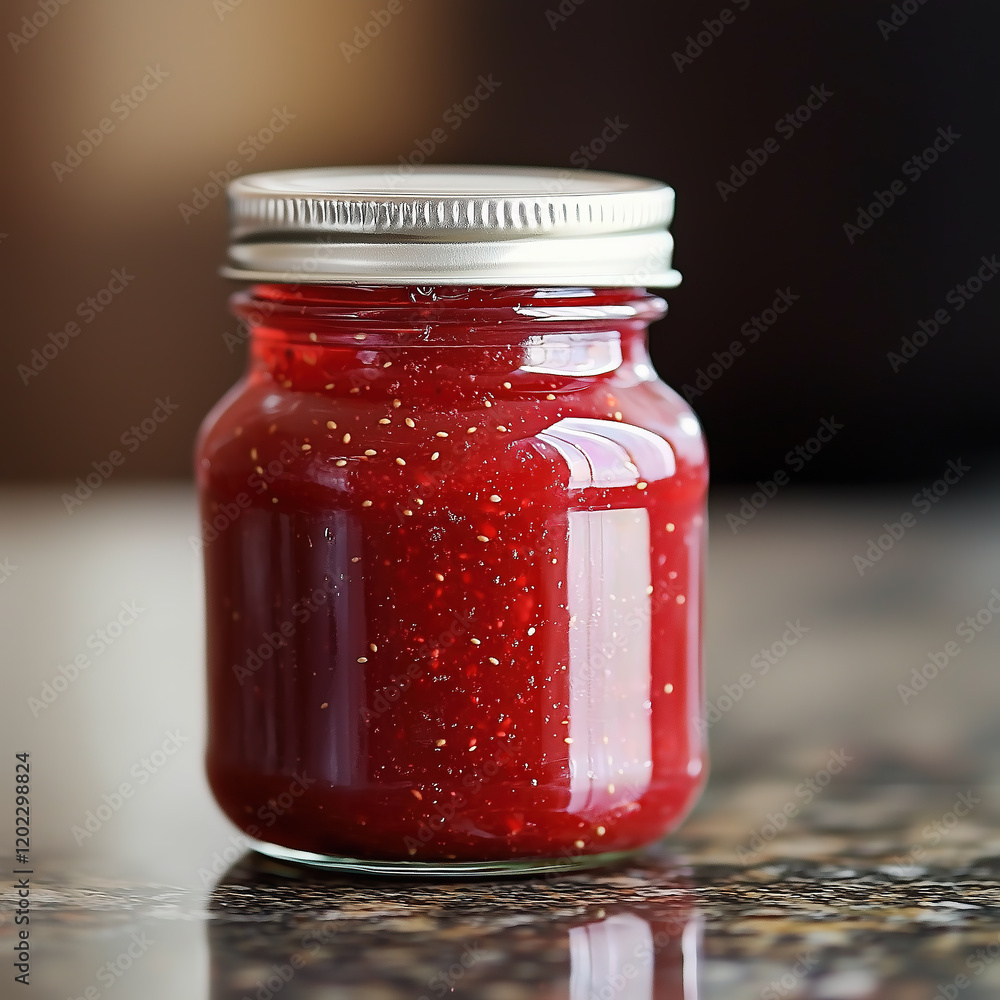 A jar of homemade strawberry jam. Appetizing and natural dessert 