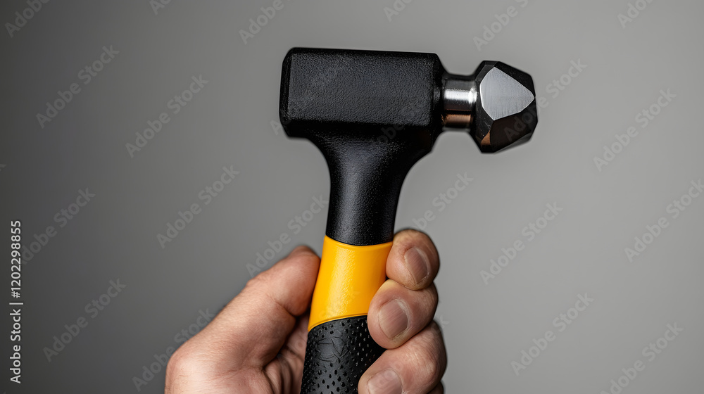 Close-up of a gloved hand gripping a black-and-yellow rubber mallet with a sturdy steel handle, UHD 4K Image. Close-up of a gloved hand gripping a black-and-yellow rubber mallet with a sturdy steel handle, UHD 4K Image.
