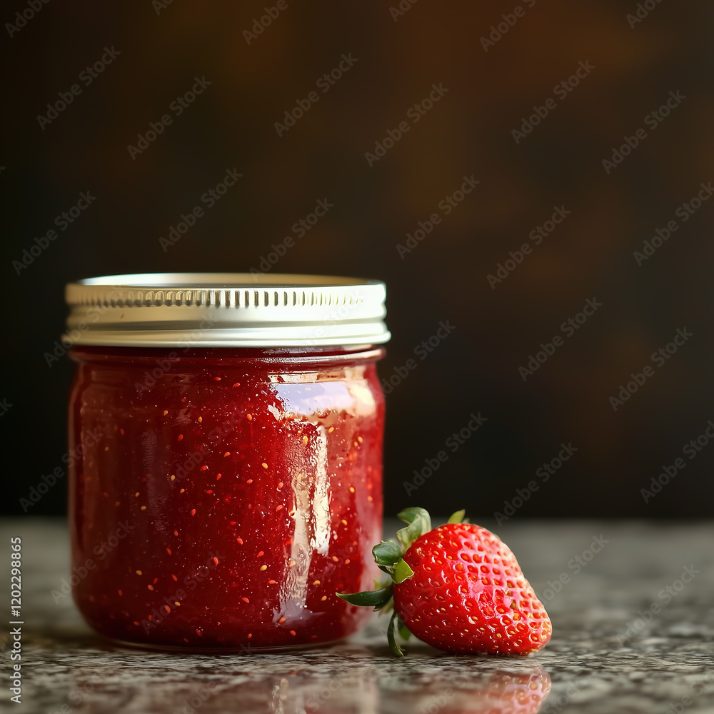 A jar of homemade strawberry jam. Appetizing and natural dessert A jar of homemade strawberry jam. Appetizing and natural dessert