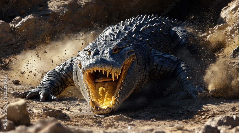 Fototapeta premium Powerful Crocodile Emerging From Dusty Ground
