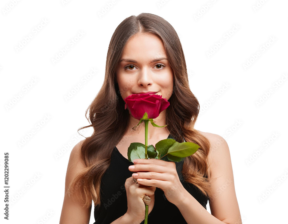 woman with rose in hand isolated on white background, cut out woman with rose in hand isolated on white background, cut out