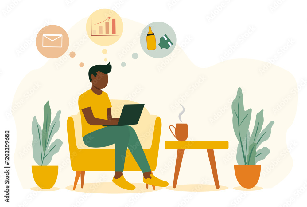 Father on maternity leave working remotely and balancing family life while managing tasks at home Father on maternity leave working remotely and balancing family life while managing tasks at home