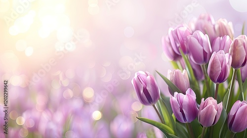 Fototapeta Naklejka Na Ścianę i Meble -  Blooming purple tulips fill the garden with color and life, illuminated by gentle spring sunlight. The flowers stand tall, showcasing their vibrant petals against a soft, blurred background