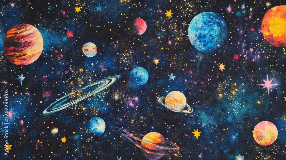 Naklejka premium Vibrant galaxy print showcasing stars, nebulas, and glowing planets in deep space color contrast. Generative AI