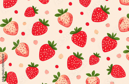 Cute and bright strawberry pattern on a beige background 