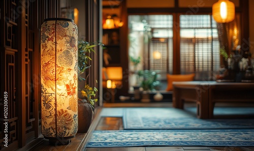 Warm Interior with Paper Lantern and Wooden Furniture with cozy lighting details