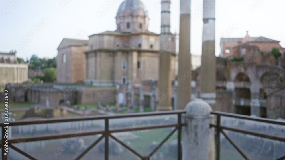 Fototapeta premium Blurred view of the ancient roman forum in rome with defocused ruins, showcasing historical architecture and columns under a clear sky.