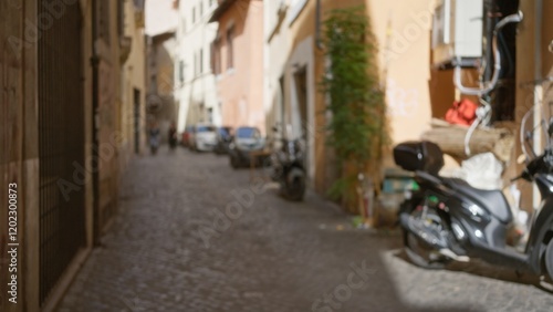 Canvas Print Blurred street view in rome, italy with old town charm and cobblestone alley, featuring defocused scooters and historic architecture under soft daylight