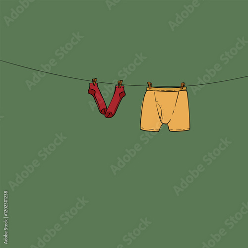 Male underwear and socks drying on a rope attached with clothespins, Hand drawn color illustration, Vector doodle