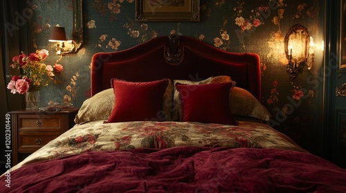 Luxurious Vintage Bedroom with Floral Wallpaper and Red Accents