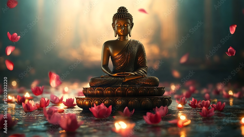 Thai golden buddha statue surrounded by blooming lotus petals and glowing mist Thai golden buddha statue surrounded by blooming lotus petals and glowing mist