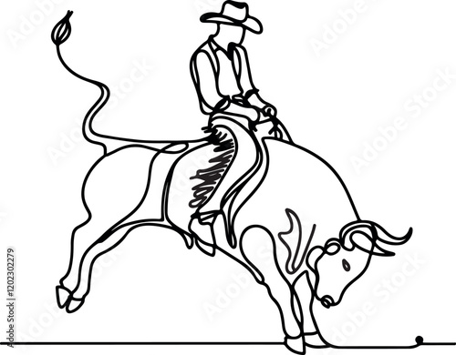 Thrilling Rodeo Rider Bucking Bull Line Drawing Vector