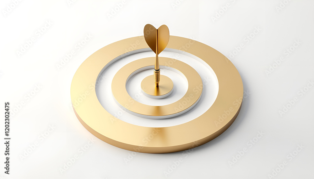 Golden dart with a heart tip hitting the center of a target for success and achievement concepts Golden dart with a heart tip hitting the center of a target for success and achievement concepts