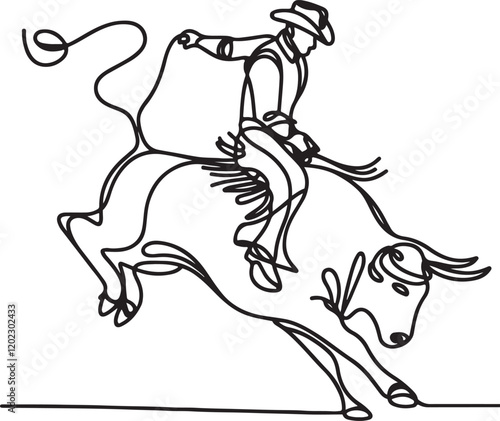 Thrilling Rodeo Rider Bucking Bull Line Drawing Vector